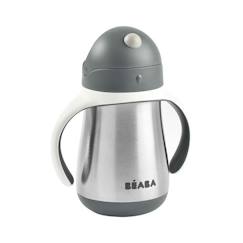 Puériculture-Repas-BEABA, Biberon/Tasse d'apprentissage/Gourde Bébé 2 en 1, Tasse Paille Enfant, Inox 100% étanche, Anti-fuite, 250ml, Gris minéral