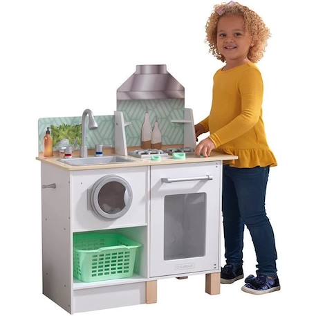 KidKraft - Cuisine en bois pour enfant Whisk & Wash, avec sa machine à laver et son panier à linges inclus - EZ Kraft BLANC 2 - vertbaudet enfant 