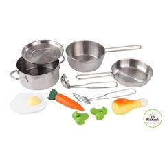 -KidKraft - 11 Accessoires en inox pour cuisine enfant dont une marmite, poêle, et aliments en bois inclus