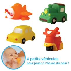 Puériculture-LUDI - Petits jouets en plastique pour jouer dans le bain Dès 6 mois. 4 transports arroseurs rigolos: voiture, avion, scooter,