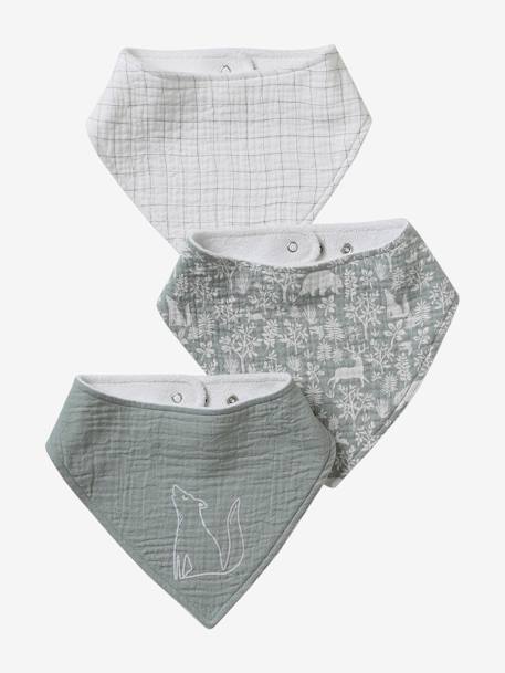 Lot de 3 bavoirs bandanas en gaze de coton blanc+bleu glacier+écru+lot renard+lot vert panda+vert sauge+vieux rose 10 - vertbaudet enfant 