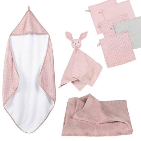 Bébé-Ensemble-ROBA Coffret Bébé Lil Planet - 8 PCS - 1 Cape de Bain + 5 Gants de Toilette + 1 Doudou + 1 Couverture - Rose / Gris