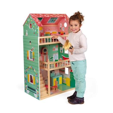 Maison de poupées en bois Happy Day JANOD - Pour enfants dès 3 ans - 3 étages - 12 pièces de mobilier VERT 4 - vertbaudet enfant 