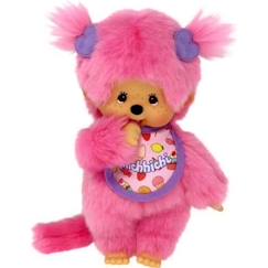 Jouet-Premier âge-Peluche Monchhichi Frozen Fruit 20 cm - BANDAI - Fourrure rose - Bavoir gourmand - Cadeau enfant