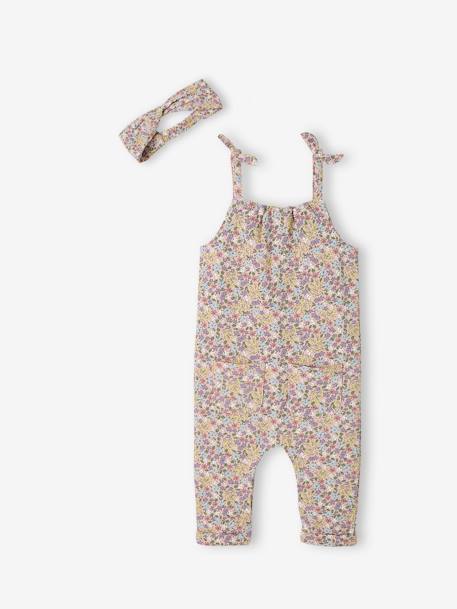 Ensemble combinaison et bandeau bébé fille en molleton blanc imprimé+bleu nuit+rose pâle+vert grisé imprimé 14 - vertbaudet enfant 