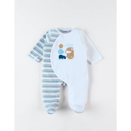 Pyjama 1 pièce en velours rayé broderie rhinocéros BLANC 1 - vertbaudet enfant 