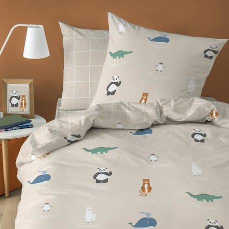 Housse de couette et taie d'oreiller en coton, ANIMAUX DU MONDE. Taille : 140x200 cm BEIGE 1 - vertbaudet enfant 