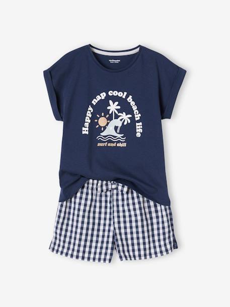 Pyjashort palmiers fille en maille jersey et popeline vichy bleu roi 1 - vertbaudet enfant 