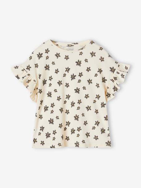 Fille-T-shirt, sous-pull-Tee-shirt en côtes imprimé fleurs fille