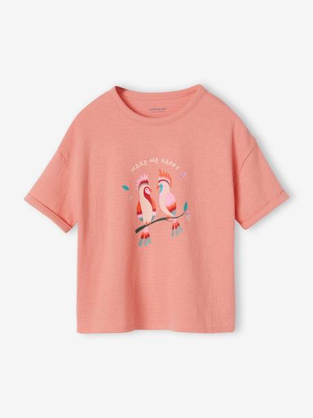 Tee-shirt maille reliéfée imprimé fille corail+jaune pastel 1 - vertbaudet enfant 