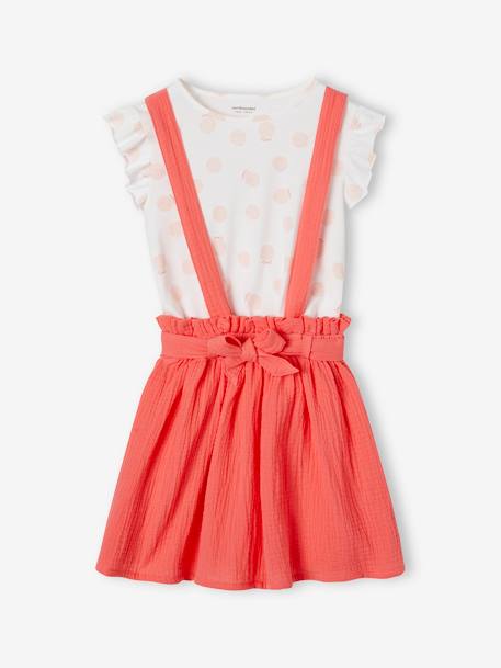 Ensemble fille t-shirt à volants et jupe à bretelles en gaze de coton corail+lilas+vert sauge 1 - vertbaudet enfant 