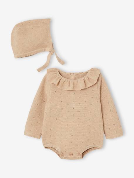 Barboteuse en tricot bébé manches longues et son béguin beige chiné 7 - vertbaudet enfant 