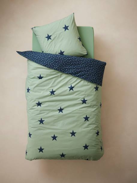 Parure housse de couette + taie d'oreiller essentiels enfant DREAM BIG kaki / étoiles marine 2 - vertbaudet enfant 