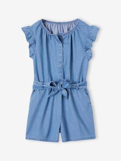 -Combishort en denim léger fille manches volantées