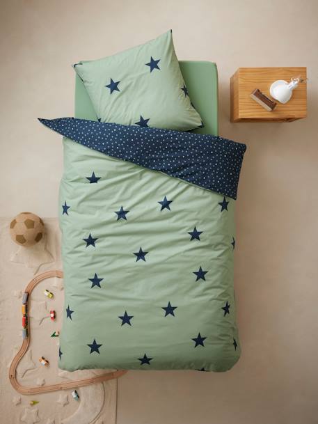 Parure housse de couette + taie d'oreiller essentiels enfant DREAM BIG kaki / étoiles marine 1 - vertbaudet enfant 