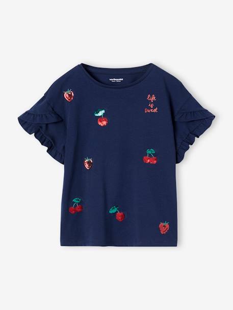 Tee-shirt fantaisie fille manches courtes marine+rayé bleu 1 - vertbaudet enfant 