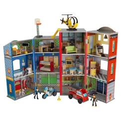 Jouet-Jeux d'imagination-Figurines, mini mondes, héros et animaux-KidKraft - Ensemble de jeu miniature en bois Héros de la ville, 24 accessoires inclus dont pompier, policier inclus