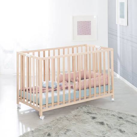 ROBA Lit Bébé Pliant 60x120 cm en Bois Massif - Fold Up - Hauteur Réglable - Roulettes à Freins - Naturel MARRON 3 - vertbaudet enfant 