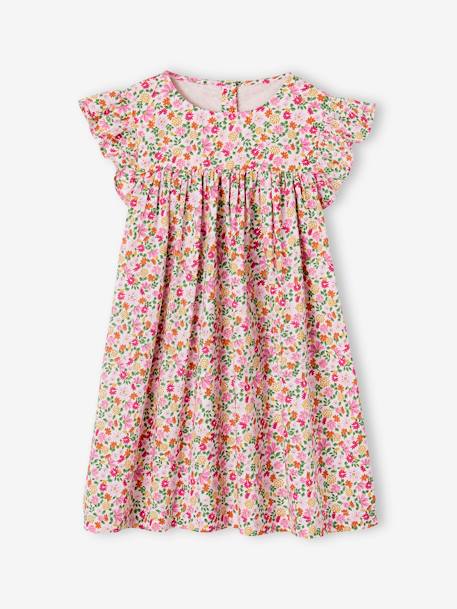 Robe imprimée fille manches courtes à volants écru+rose pâle+vert sapin 4 - vertbaudet enfant 