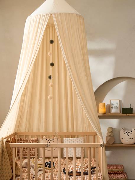 Ciel de lit en gaze de coton avec pompons beige poudré+rose+vert sauge 1 - vertbaudet enfant 