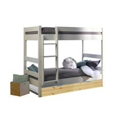 Chambre et rangement-Lit superposé séparable avec sommier gigogne et matelas Aaron - AKITEN RETAIL - Blanc et bois 80x190 cm