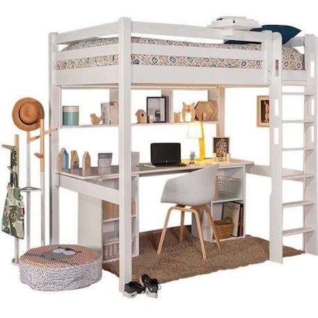 Lit mezzanine avec bureau  Orphée - Blanc - Bois massif - 90x190 cm - Sommier inclus BLANC 1 - vertbaudet enfant 