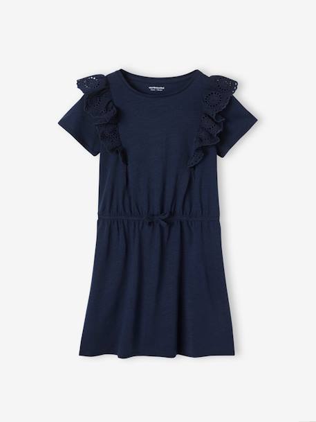 Robe avec volants en broderie anglaise fille jaune pâle+marine+vert de gris 4 - vertbaudet enfant 