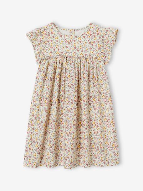 Robe imprimée fille manches courtes à volants écru+rose pâle+vert sapin 1 - vertbaudet enfant 