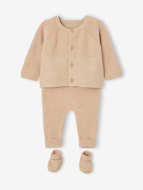 Ensemble 3 pièces en tricot : cardigan, pantalon et chaussons naissance beige chiné 6 - vertbaudet enfant 