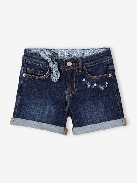 Short en jean brodé fleurs fille noeud imprimé fleurs denim brut+double stone 1 - vertbaudet enfant 