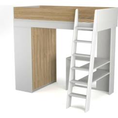 Chambre et rangement-Lit mezzanine combiné Memphis  Blanc et bois - 90x190 cm - Solution gain de place et fonctionnelle