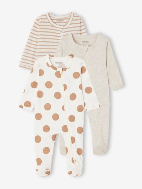 Lot de 3 pyjamas bébé en jersey ouverture zippée BASICS bleu chambray+cappuccino 7 - vertbaudet enfant 