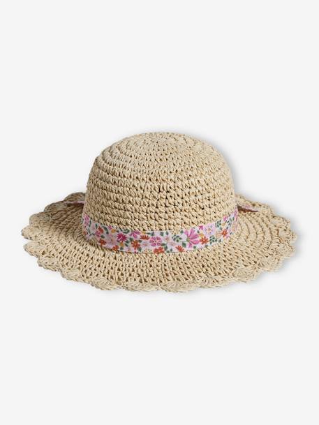 Chapeau aspect paille effet crochet avec ruban imprimé fille rose pâle 3 - vertbaudet enfant 