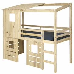 Chambre et rangement-Lit cabane mi-hauteur Alma - AKITEN RETAIL - Bois naturel 90x200 cm - Pin massif - Matelas inclus