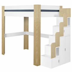 Chambre et rangement-Chambre-Pack lit mezzanine avec escalier, bureau et matelas Alex Blanc et bois 90x190 cm