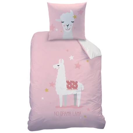 Parure de lit imprimée 100% coton, NO DRAMA LAMA 140x200+63x63cm ROSE 4 - vertbaudet enfant 