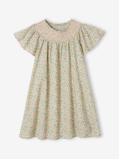 Robe fleurie à smocks cérémonie fille manches papillon vanille 1 - vertbaudet enfant 