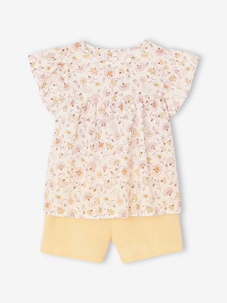 Fille-Ensemble-Ensemble blouse à fleurs et short en gaze de coton fille