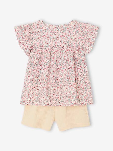 Fille-Ensemble-Ensemble blouse à fleurs et short en gaze de coton fille