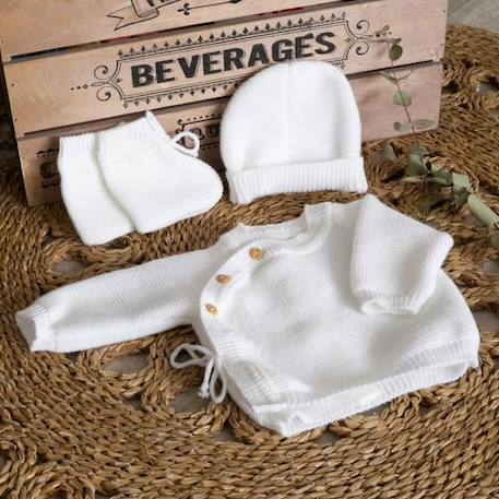 Kit naissance bébé - Marque - Modèle - Gris - Maille point mousse - 100% acrylique BLANC+BLANC+BLANC+GRIS 2 - vertbaudet enfant 