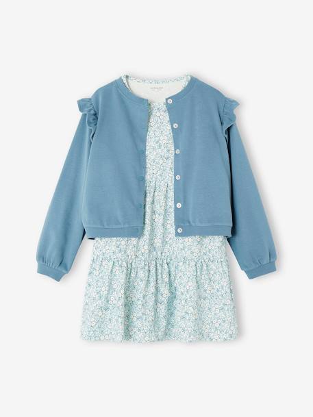 Ensemble robe et cardigan fille bleu jean+pêche+vert émeraude 1 - vertbaudet enfant 