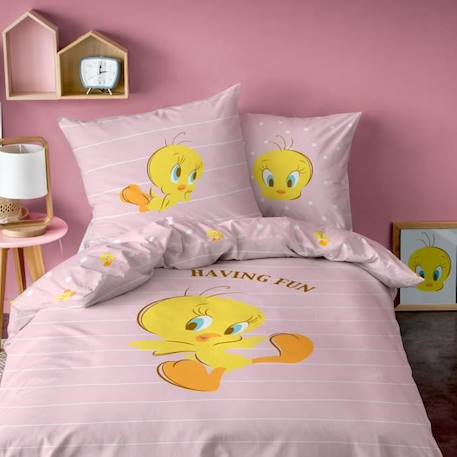 Parure de lit imprimée 100% coton, LOONEY TUNES TITI. Taille : 140x200 cm ROSE 1 - vertbaudet enfant 