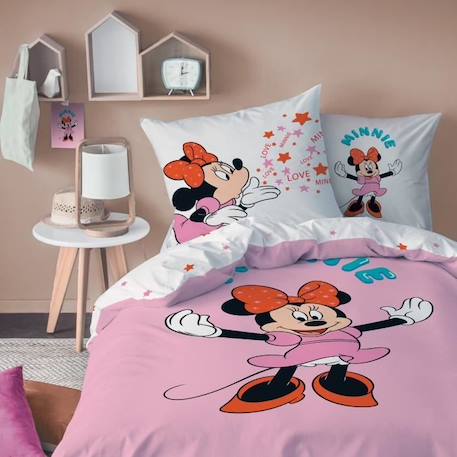 Parure de lit imprimée 100% coton, DISNEY HOME MINNIE HAPPY 140x200+63x63cm ROSE 1 - vertbaudet enfant 