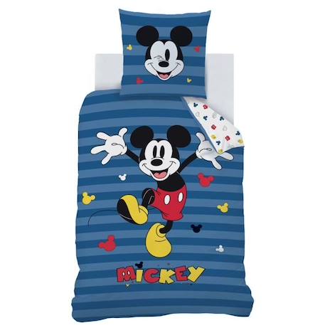 Parure de lit imprimée 100% coton, DISNEY HOME MICKEY STRIPES 140x200+63x63cm BLEU 2 - vertbaudet enfant 