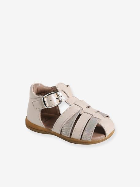 Sandales cuir bébé premiers pas beige irisé+blanc+fuchsia 1 - vertbaudet enfant 