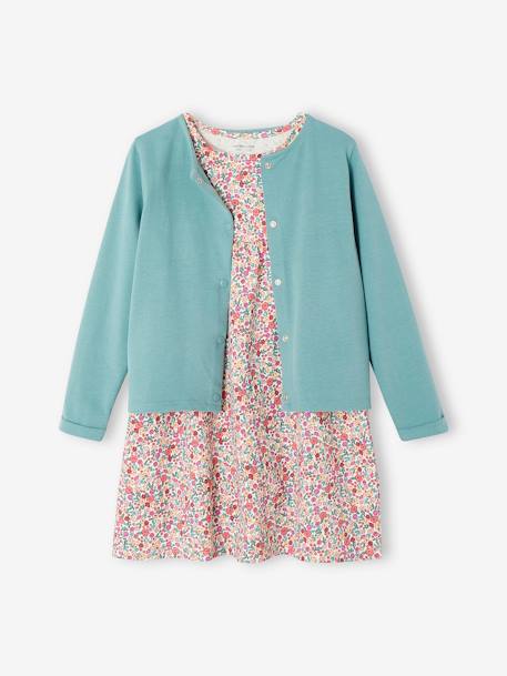 Ensemble robe + cardigan fille bleu océan - robe imprimée fle+ivoire imprimé+mauve+vert émeraude 21 - vertbaudet enfant 