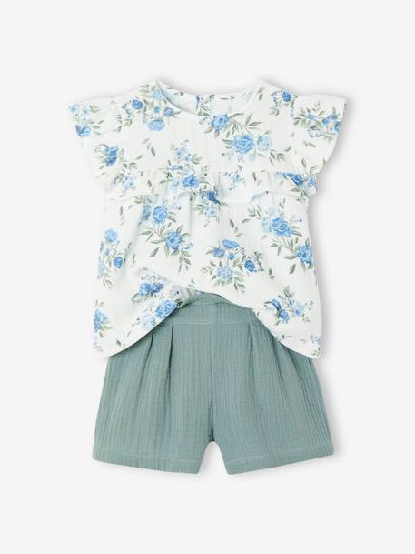 Fille-Short-Ensemble de cérémonie fille blouse volantée et short en gaze