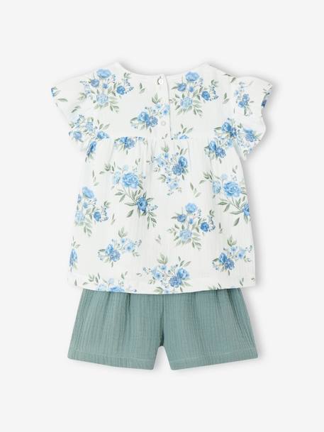 Ensemble de cérémonie fille blouse volantée et short en gaze bleu imprimé+rose imprimé 4 - vertbaudet enfant 