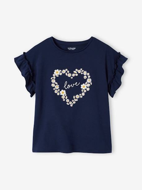 T-shirt à motif irisé fille manches courtes volantées écru+jaune pâle+marine+mauve+pêche 10 - vertbaudet enfant 