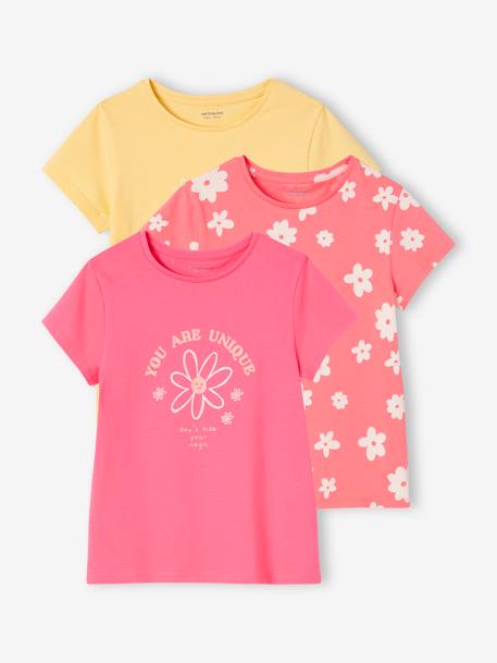 Lot de 3 t-shirts Basics détails irisés fille framboise+jaune pastel+lot camel+lot encre+vert sauge 9 - vertbaudet enfant 